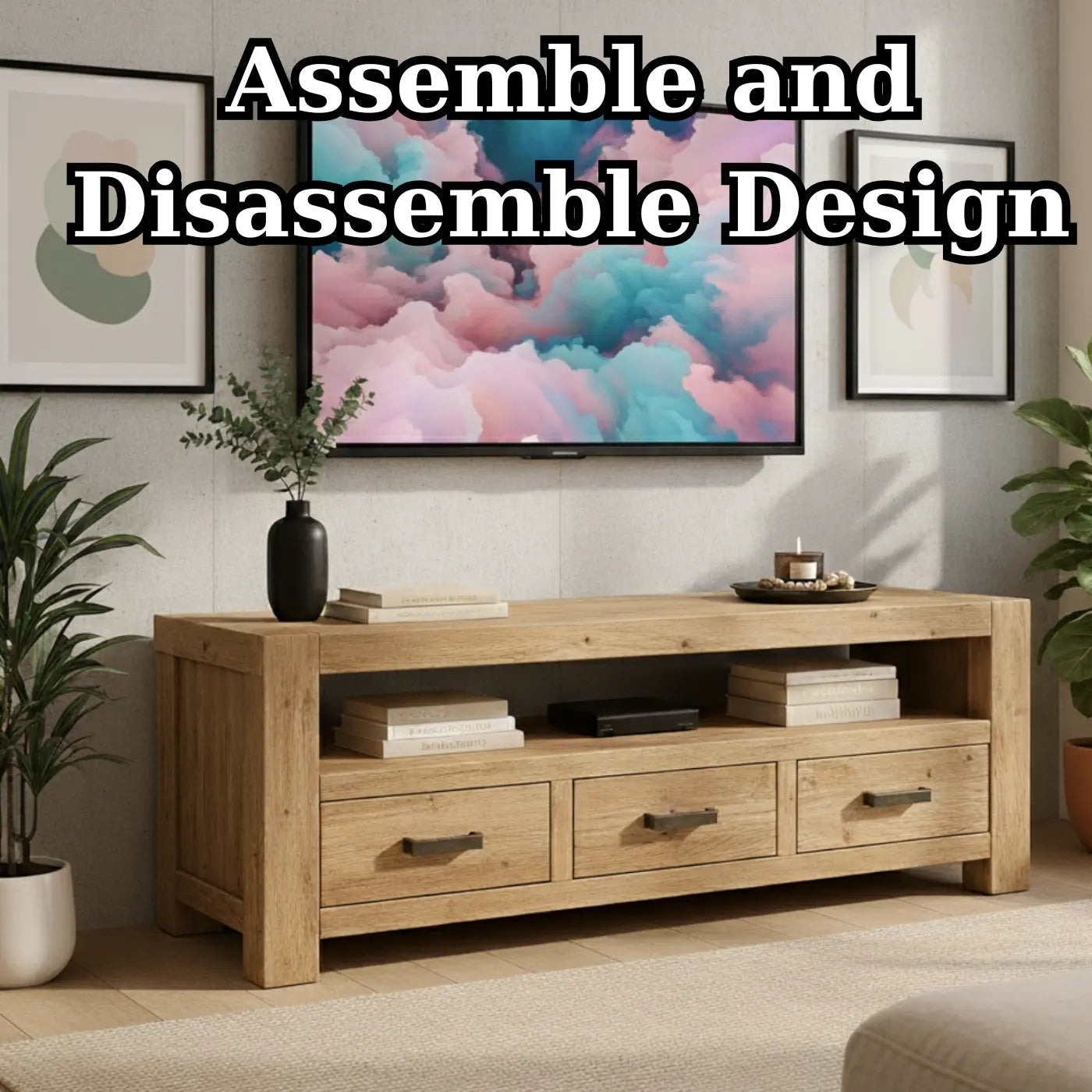 Handcrafted Solid Wood TV Stand - Chunky Rustic Media Console with 3 Drawers & Shelf Kitchnce