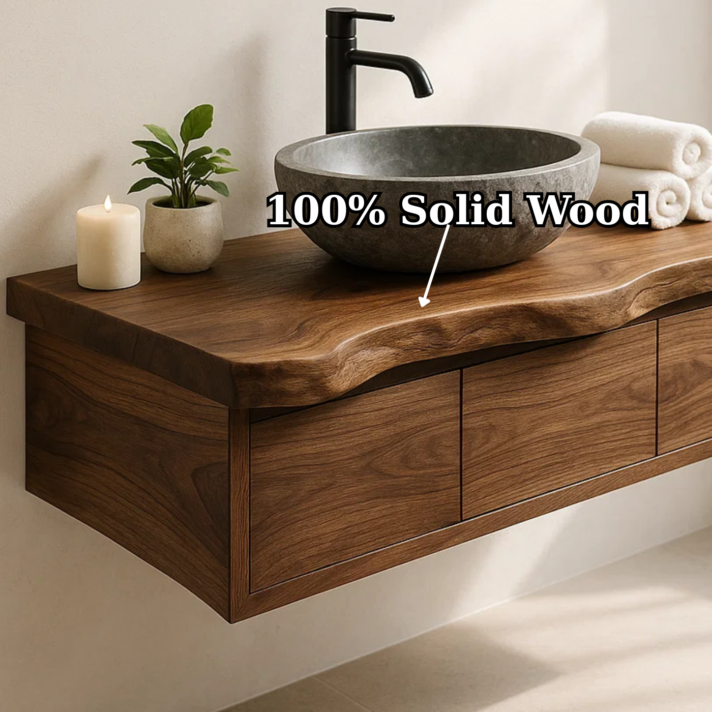 Handcrafted Solid Wood Floating Vanity - Live Edge Wall-Mounted Cabinet Kitchnce