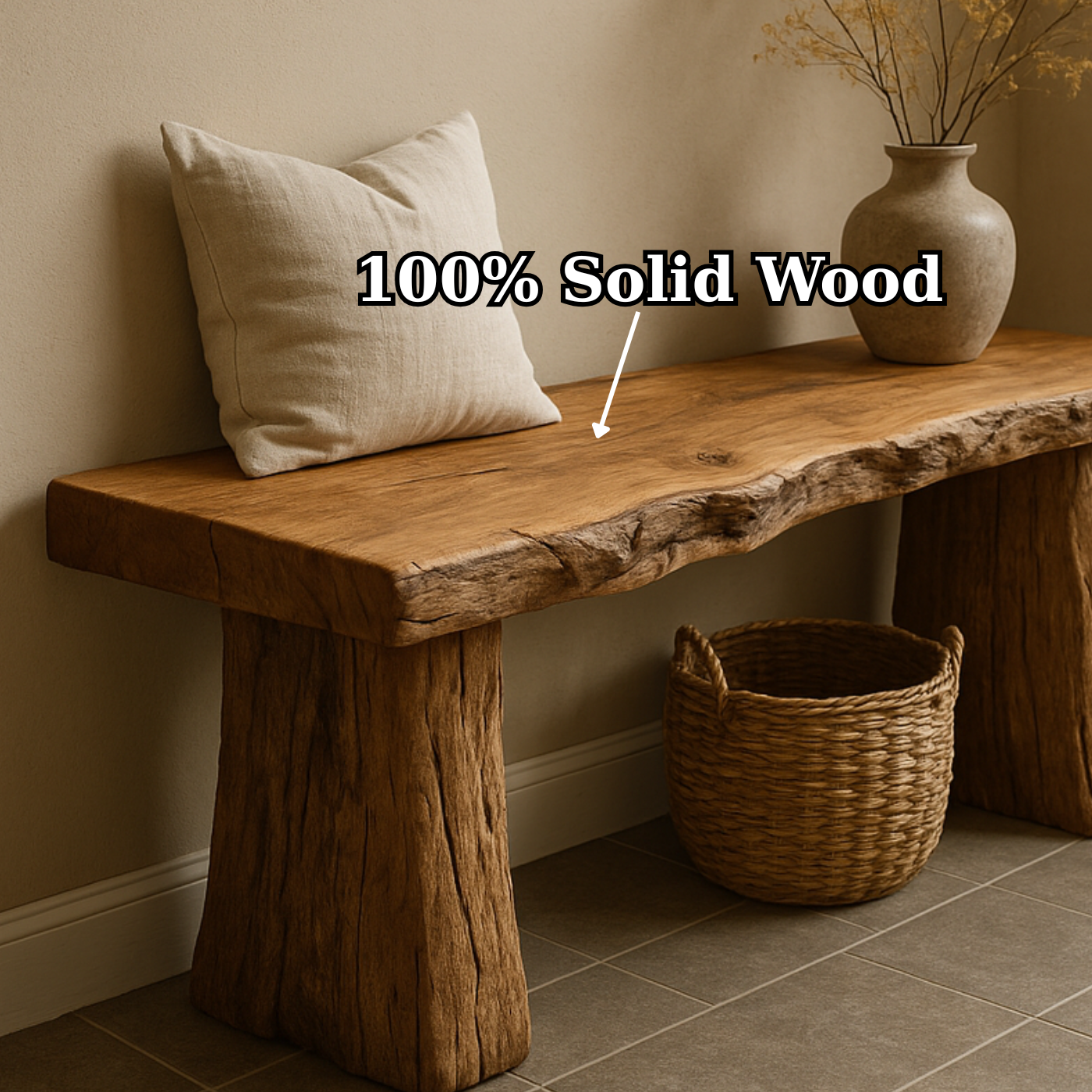 Handcrafted Solid Wood Rustic Bench – Natural Live-Edge Slab Entryway Seating Kitchnce