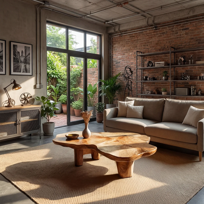 Freeform Live Edge Coffee Table with Sculptural Block Legs