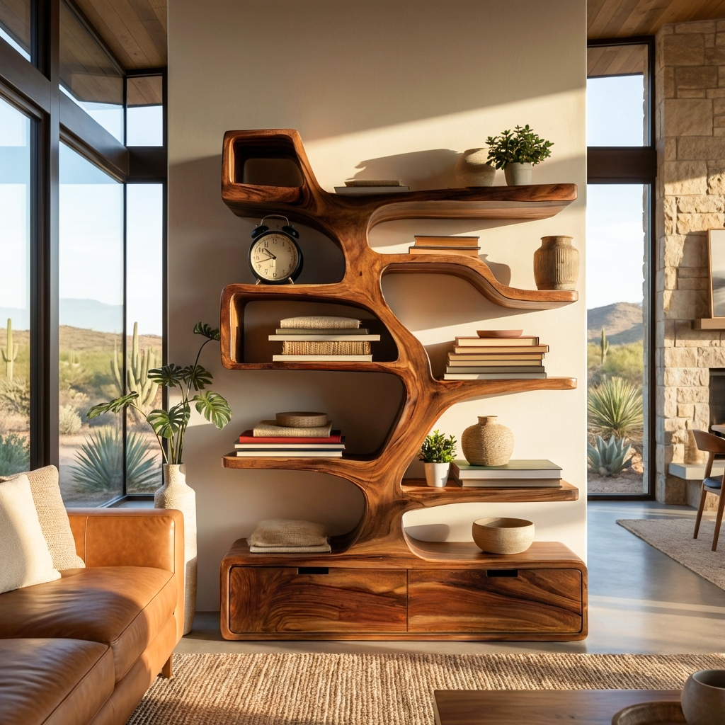 Contemporary Wooden Bookshelf Sculpted Design For Living Space Kitchnce