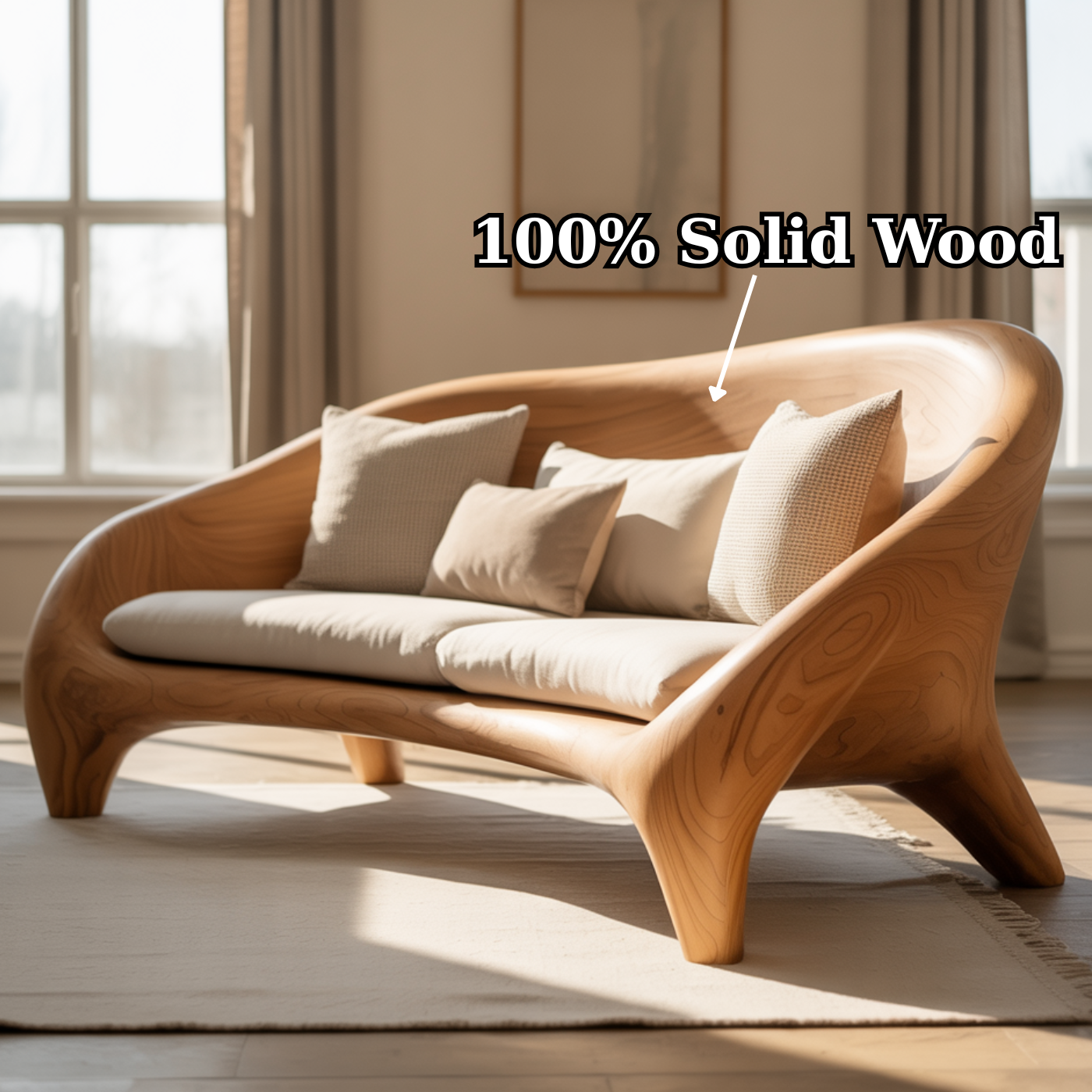 Handcrafted Solid Wood Sofa – Modern Organic Curved Couch with Smooth Sculptural Frame and Linen Cushions Kitchnce