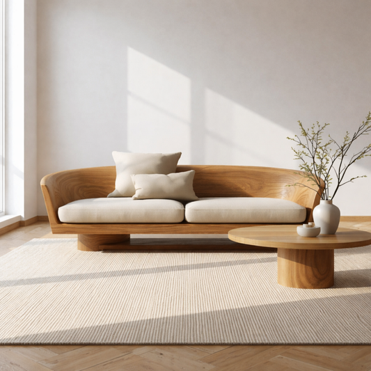 Solid Wood Curved Sofa – Sculptural Wooden Sofa with Organic Backrest