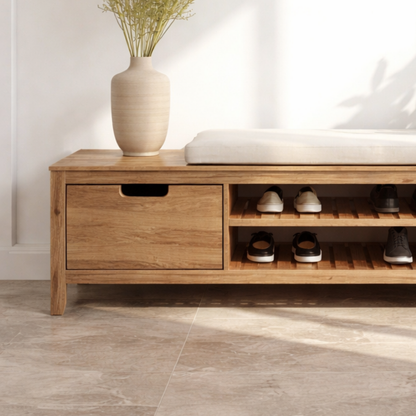 Solid Wood Shoe Storage Bench – Entryway Wooden Bench with Shoe Rack and Drawer
