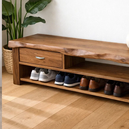 Solid Wood Shoe Storage Bench – Live Edge Entryway Bench with Drawer and Shelf