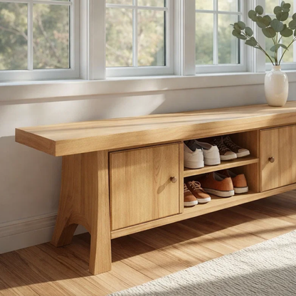 Solid Wood Shoe Storage Bench – Entryway Bench with Cabinet Doors and Open Shelf