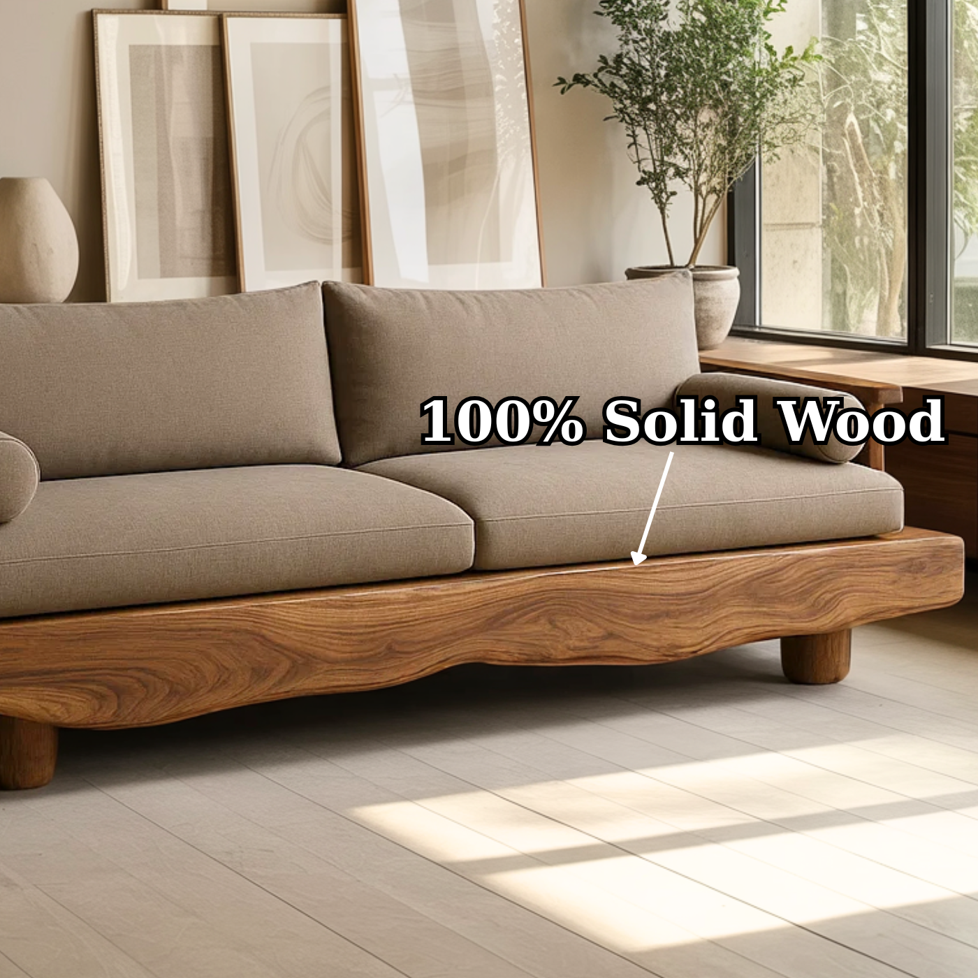 Handcrafted Solid Wood Sofa – Rustic Live Edge Wood Couch with Modern Minimalist Cushion Design Kitchnce