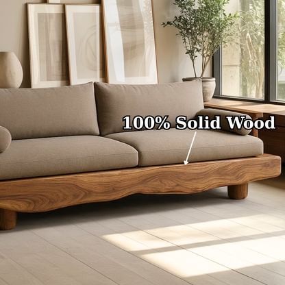 Handcrafted Solid Wood Sofa – Rustic Live Edge Wood Couch with Modern Minimalist Cushion Design Kitchnce