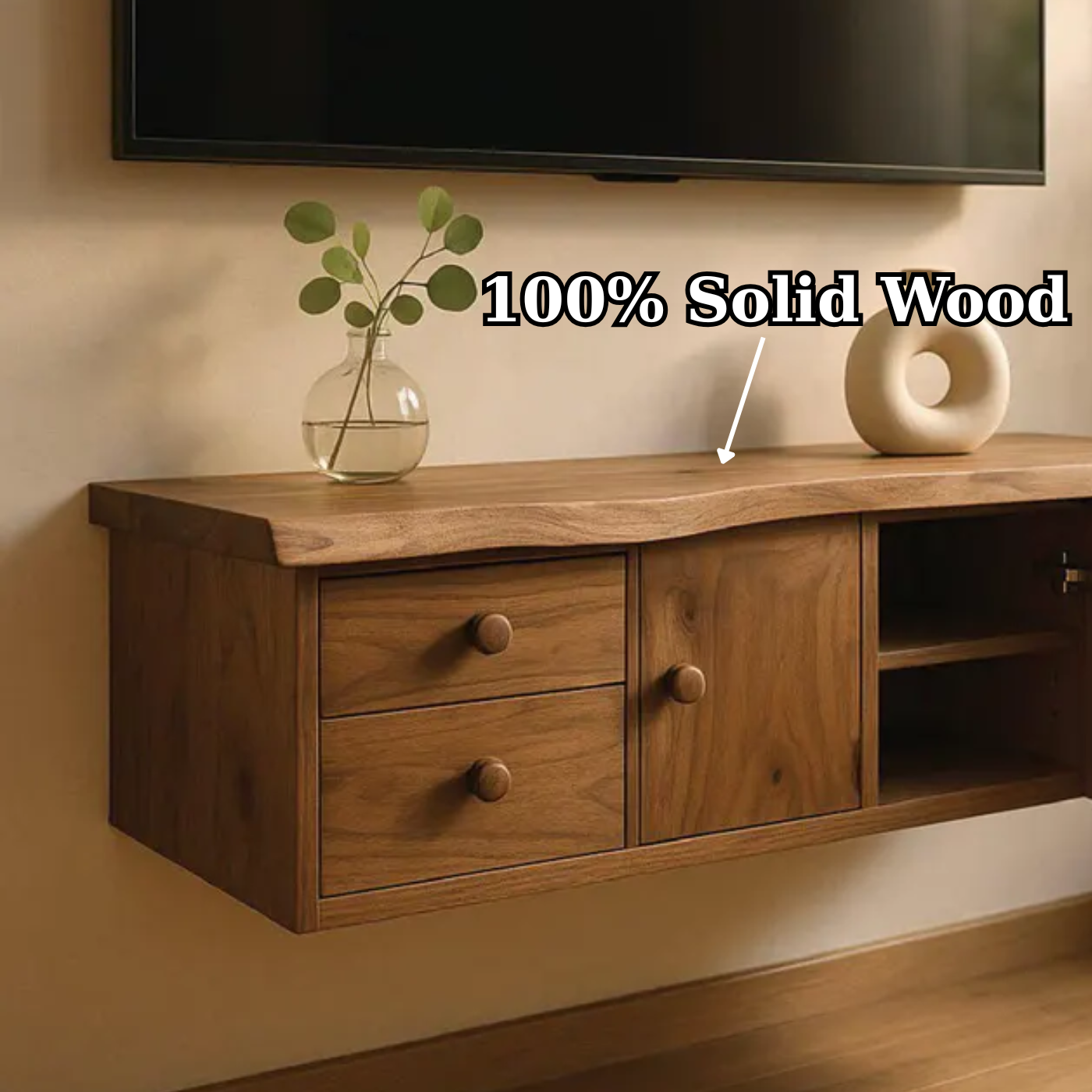 Handcrafted Solid Wood Floating TV Stand, Live Edge Media Console with Cabinet & Drawers Kitchnce