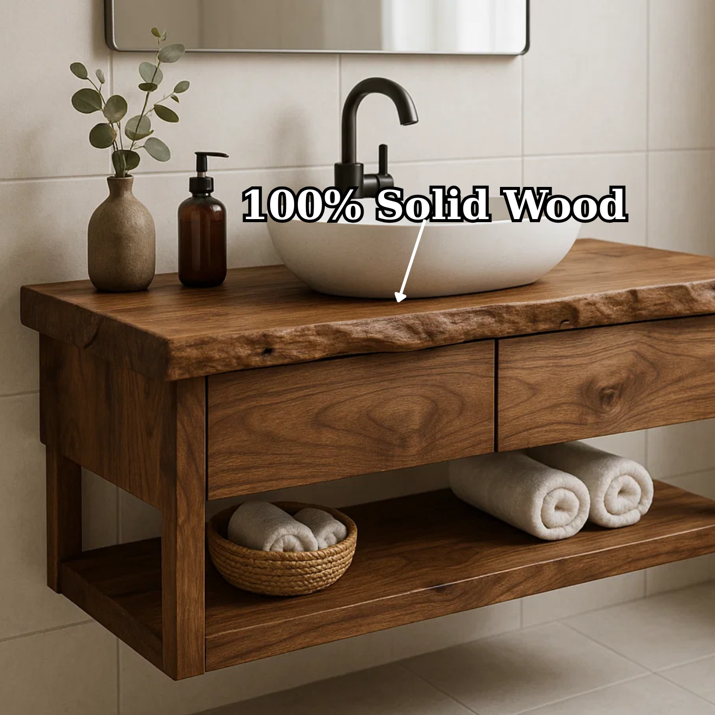Rustic Solid Wood Floating Bathroom Vanity with Open Shelf Storage