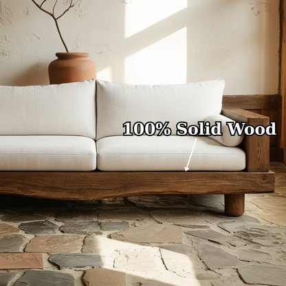 Handcrafted Solid Wood Sofa – Rustic Live Edge Wood Couch with Minimalist Linen Cushions Kitchnce