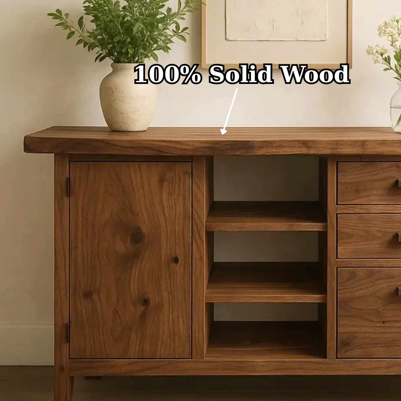 Handcrafted Solid Wood Console Table – Live-Edge Slab with Cabinet and Drawers Kitchnce
