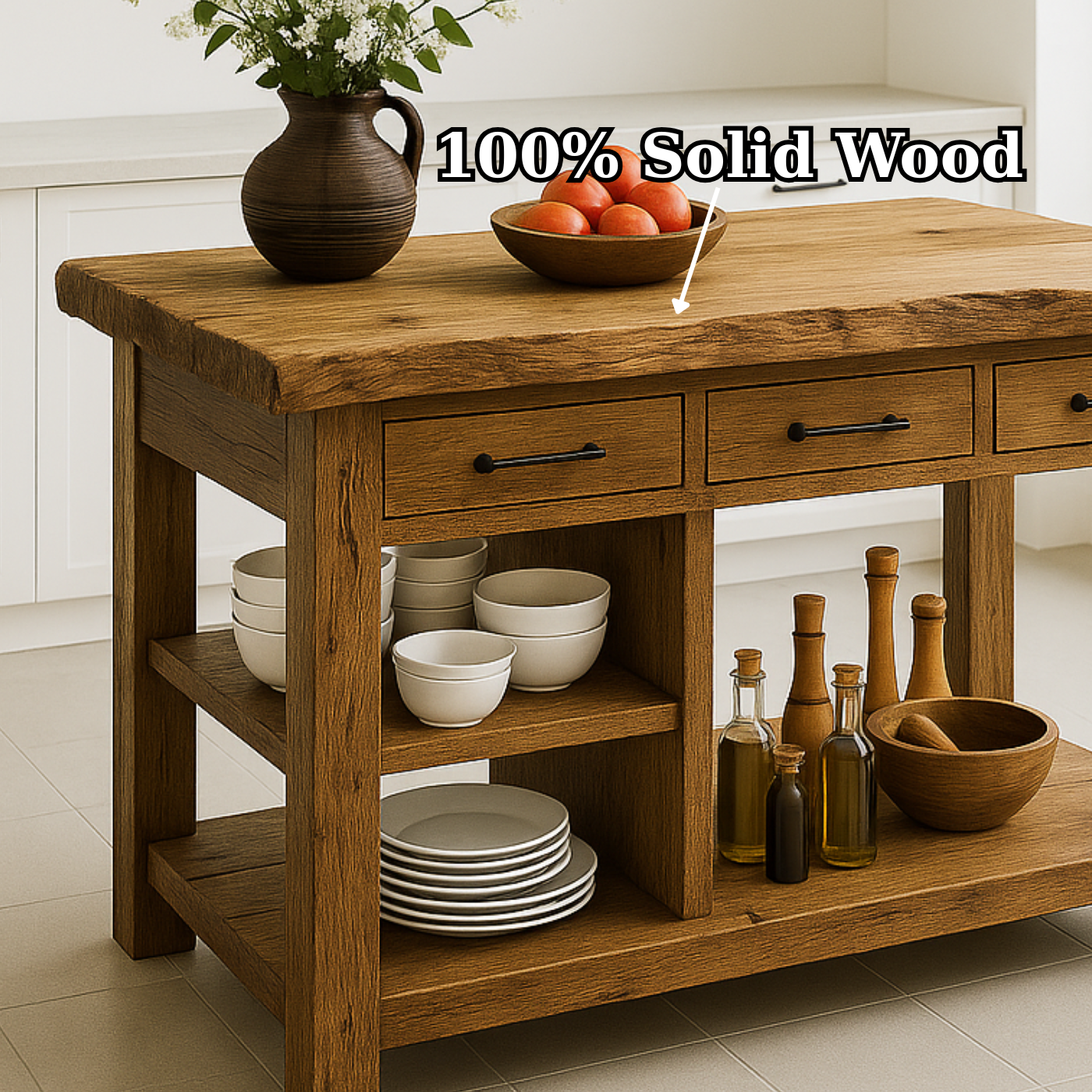 Handcrafted Solid Wood Kitchen Island - Live-Edge Top, 3 Drawers & Shelves Kitchnce