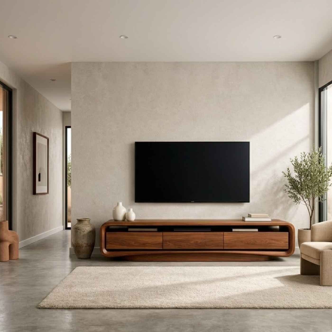 Solid Wood Curved TV Stand with Storage Drawers for Modern Living Room