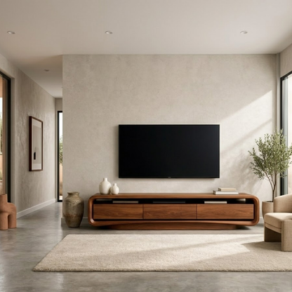 Solid Wood Curved TV Stand with Storage Drawers for Modern Living Room