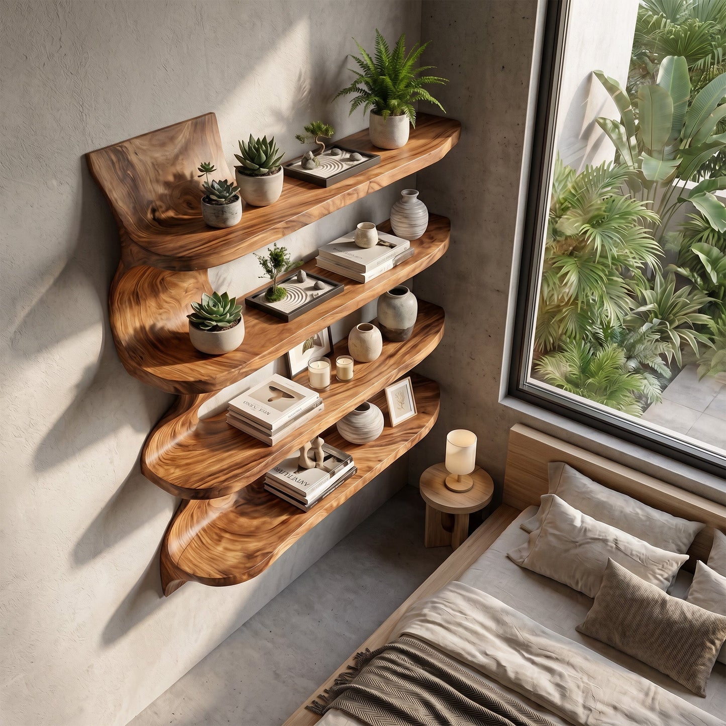 Organic Wood Dining Wall Shelf With Open Storage
