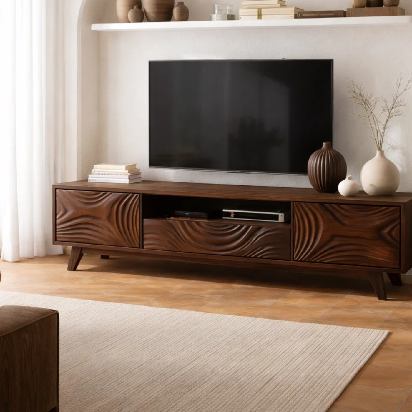 Handcrafted Solid Wood Carved TV Stand with Artistic Wave Design