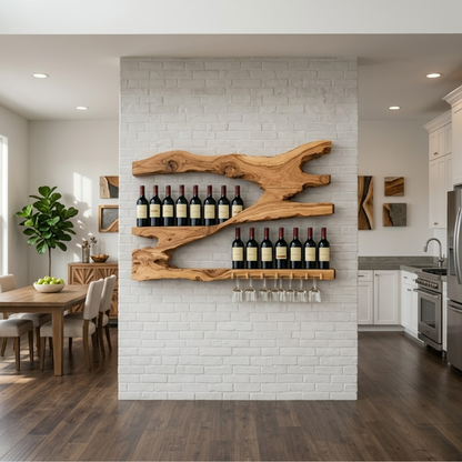 Live Edge Solid Wood Wine Rack Wall Shelf with Glass Holder