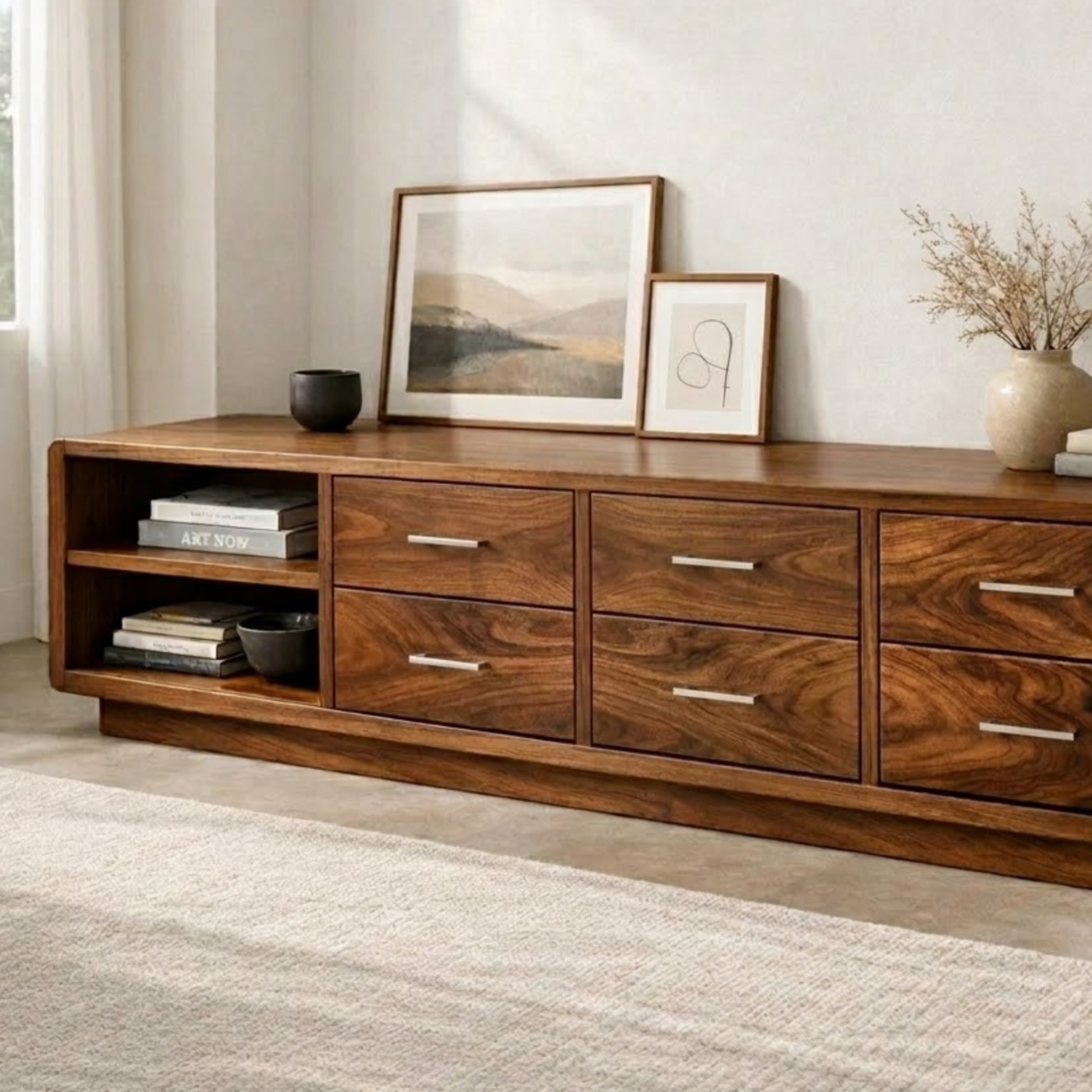 Solid Wood Modern TV Stand with Drawers and Open Shelf Storage