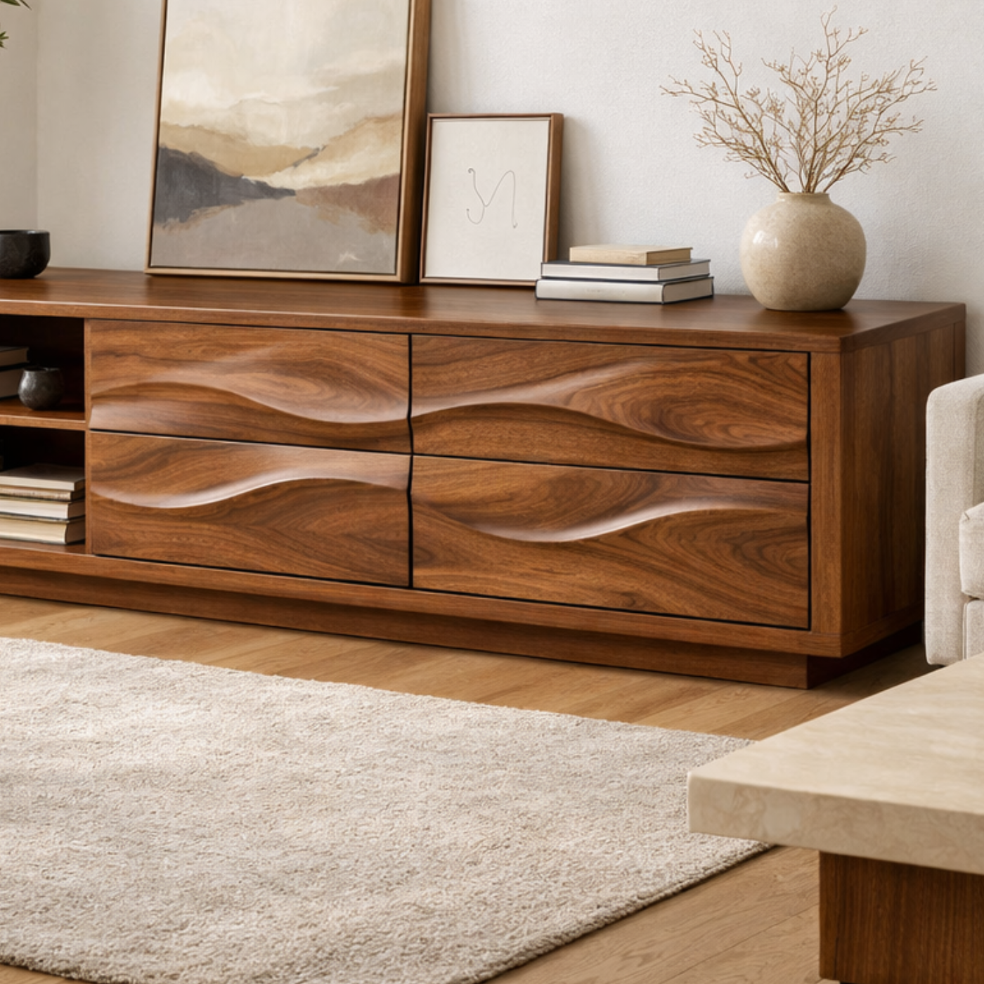 Solid Wood Wave Drawer TV Stand with Open Shelf for Modern Living Room