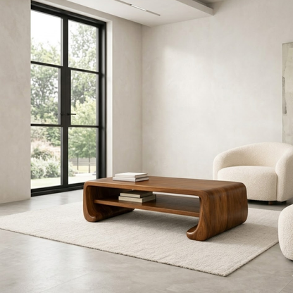 Handcrafted Solid Wood Sculptural Coffee Table with Open Shelf