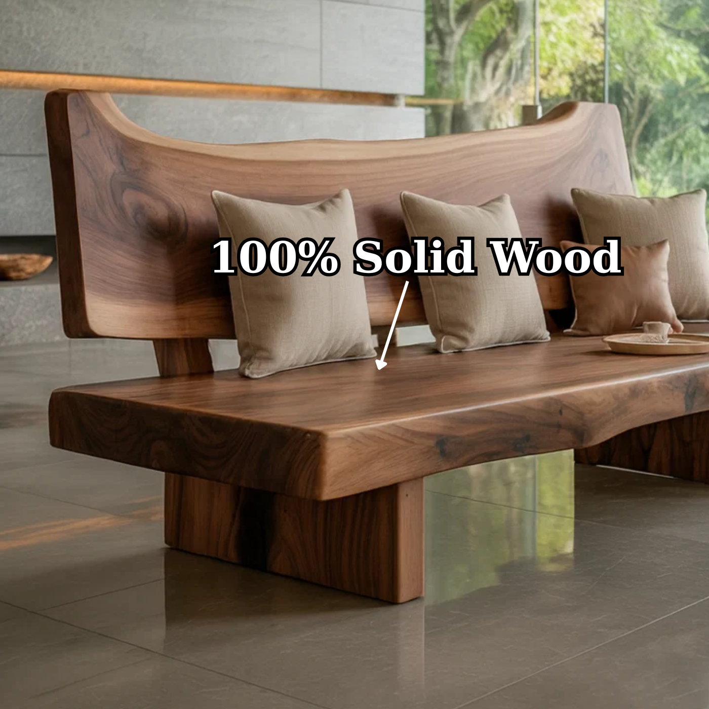 Handcrafted Solid Wood Sofa – Rustic Live Edge Wood Bench Couch with Sculpted Backrest Design Kitchnce