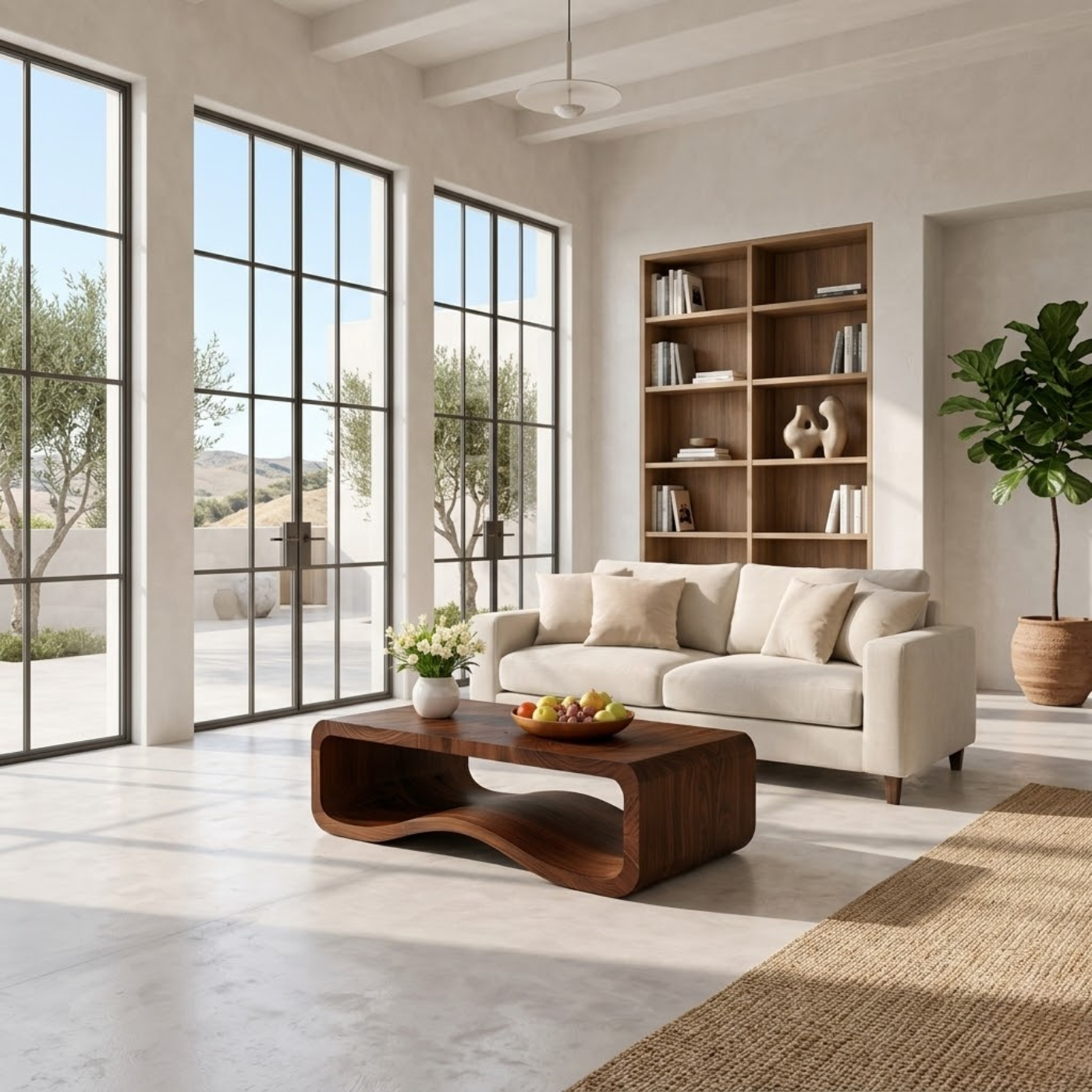 Solid Wood Sculptural Coffee Table with Open Curved Shelf