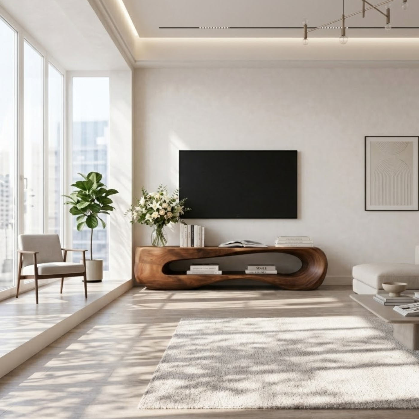 Solid Wood Sculptural TV Stand with Open Shelf and Organic Design