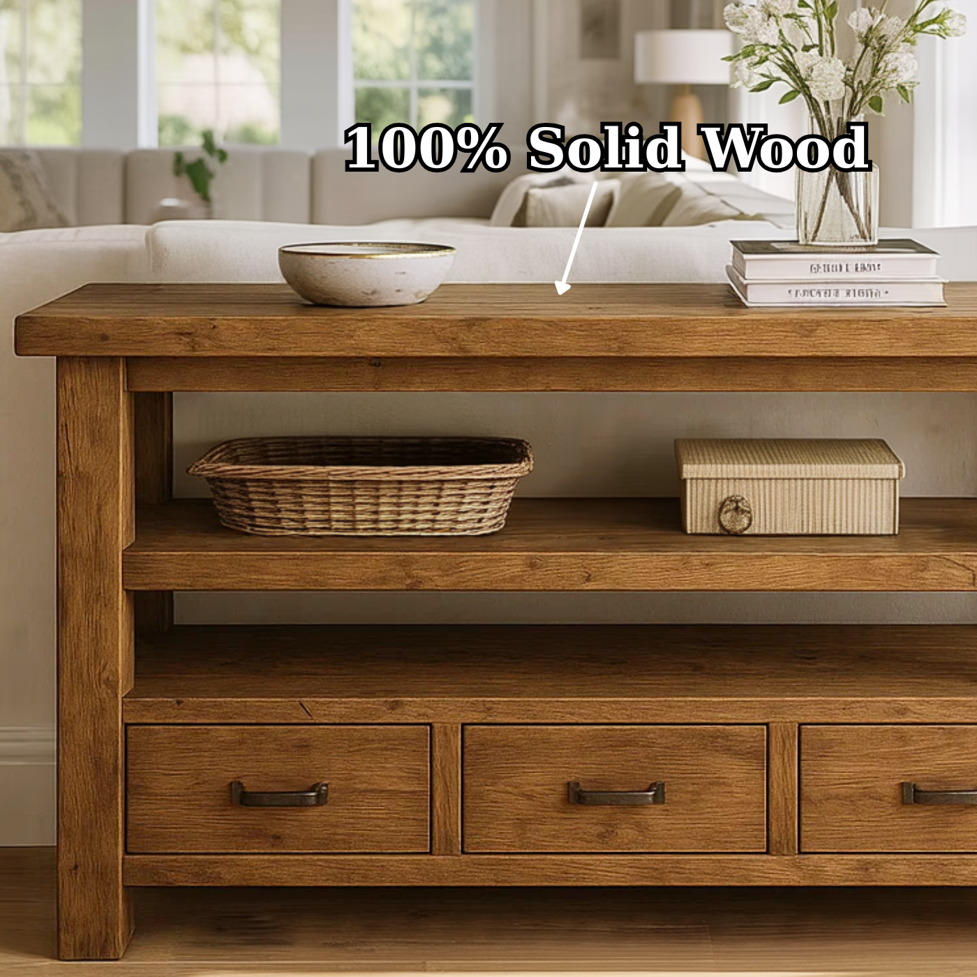 Handcrafted Solid Wood Console Table – Farmhouse Style with Three Storage Drawers Kitchnce