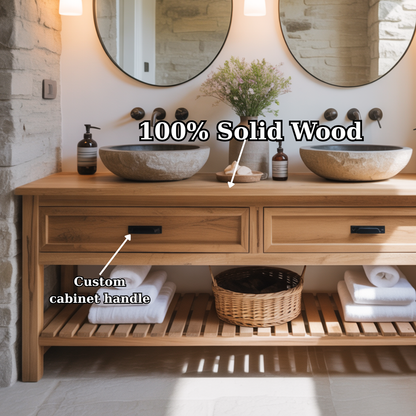 Rustic Solid Wood Double Bathroom Vanity with Open Slatted Shelf
