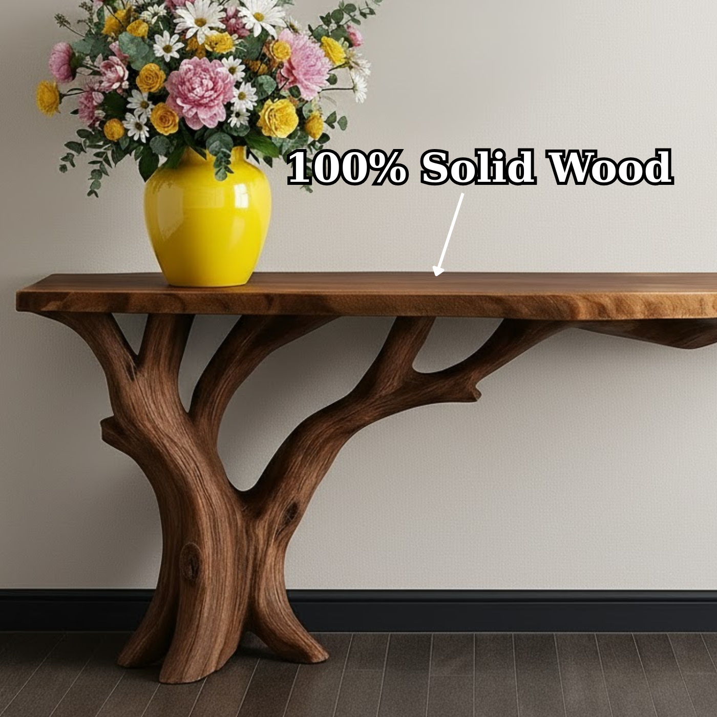 Handcrafted Solid Wood Console Table with Organic Branch Base and Live Edge Top Kitchnce
