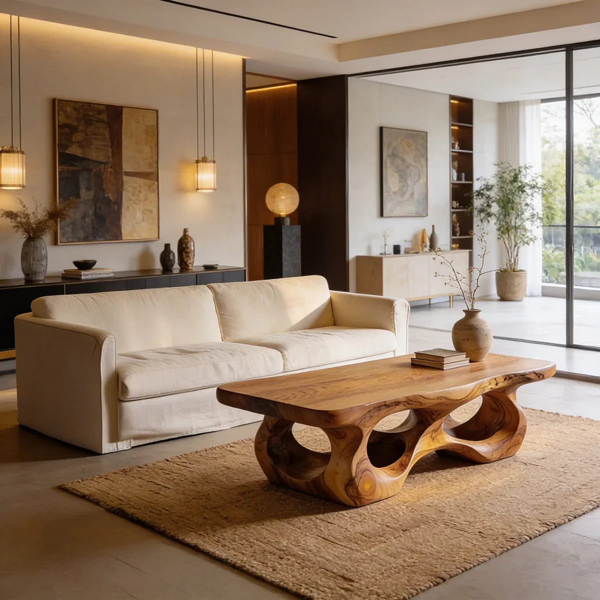 Organic Sculptural Natural Wood Coffee Table with Carved Base