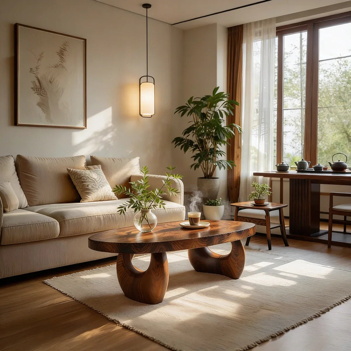Organic Natural Wood Coffee Table with Sculpted Open Base