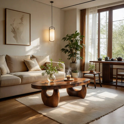 Organic Natural Wood Coffee Table with Sculpted Open Base