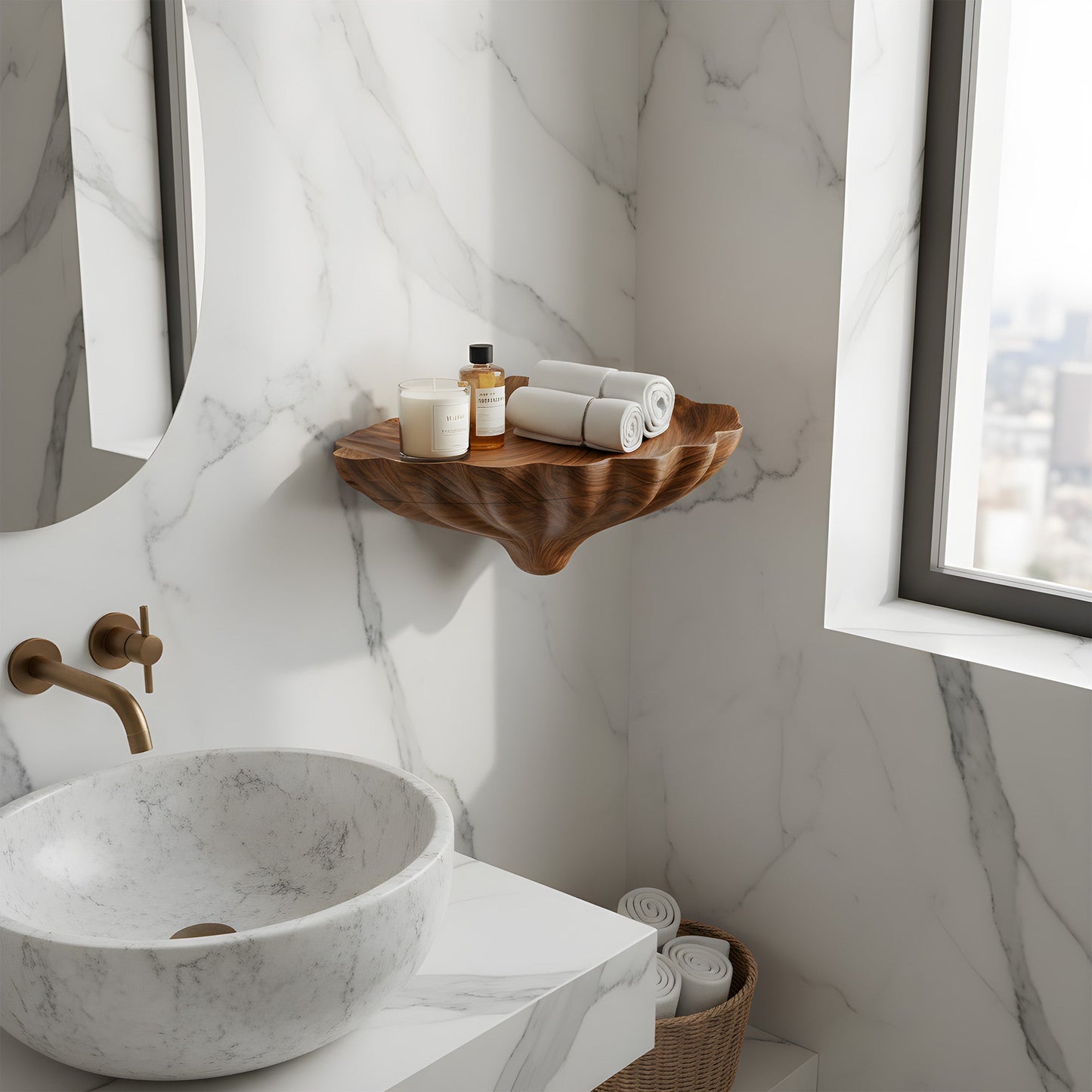 Organic Sculptural Floating Shelf in Natural Wood with Curved Form
