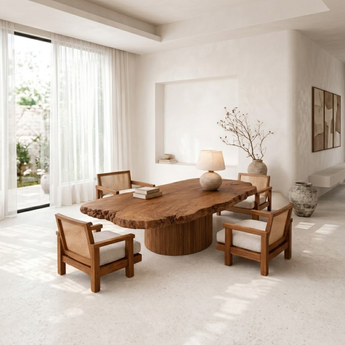 Handcrafted Solid Wood Coffee Table with Live Edge Top and Sculptural Base