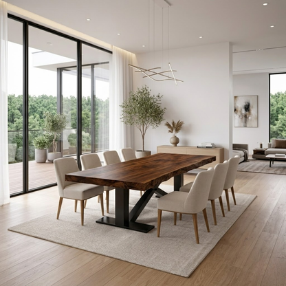Handcrafted Solid Wood Dining Table with Live Edge Top and Modern Metal Base