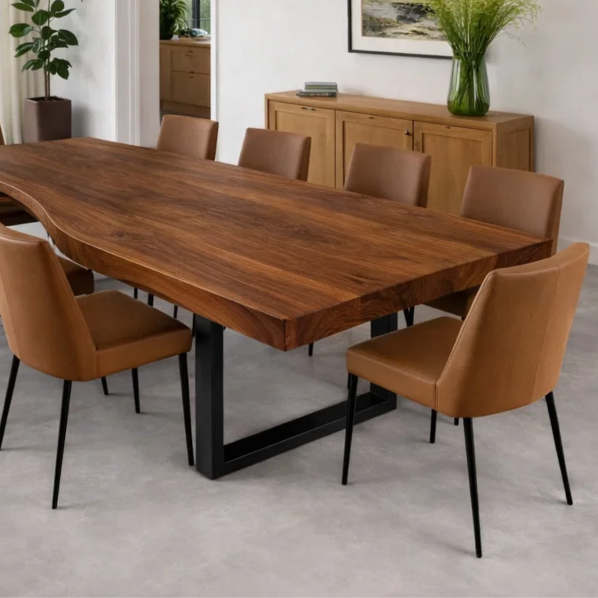 Handcrafted Solid Wood Dining Table with Live Edge Top and Black Metal Frame