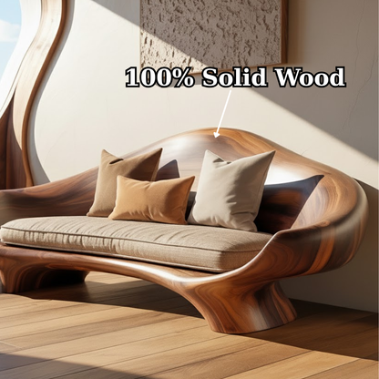 Handcrafted Solid Wood Sofa – Sculptural Organic Wood Couch with Smooth Curves and Linen Cushion Kitchnce