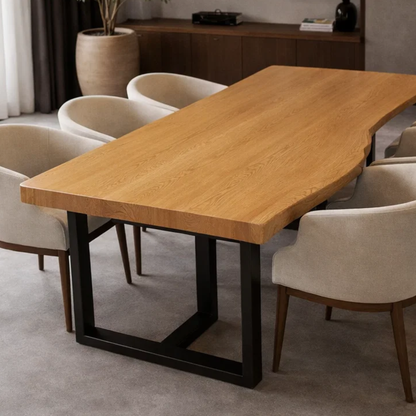 Solid Wood Dining Table with Live Edge Top & Black Metal Base