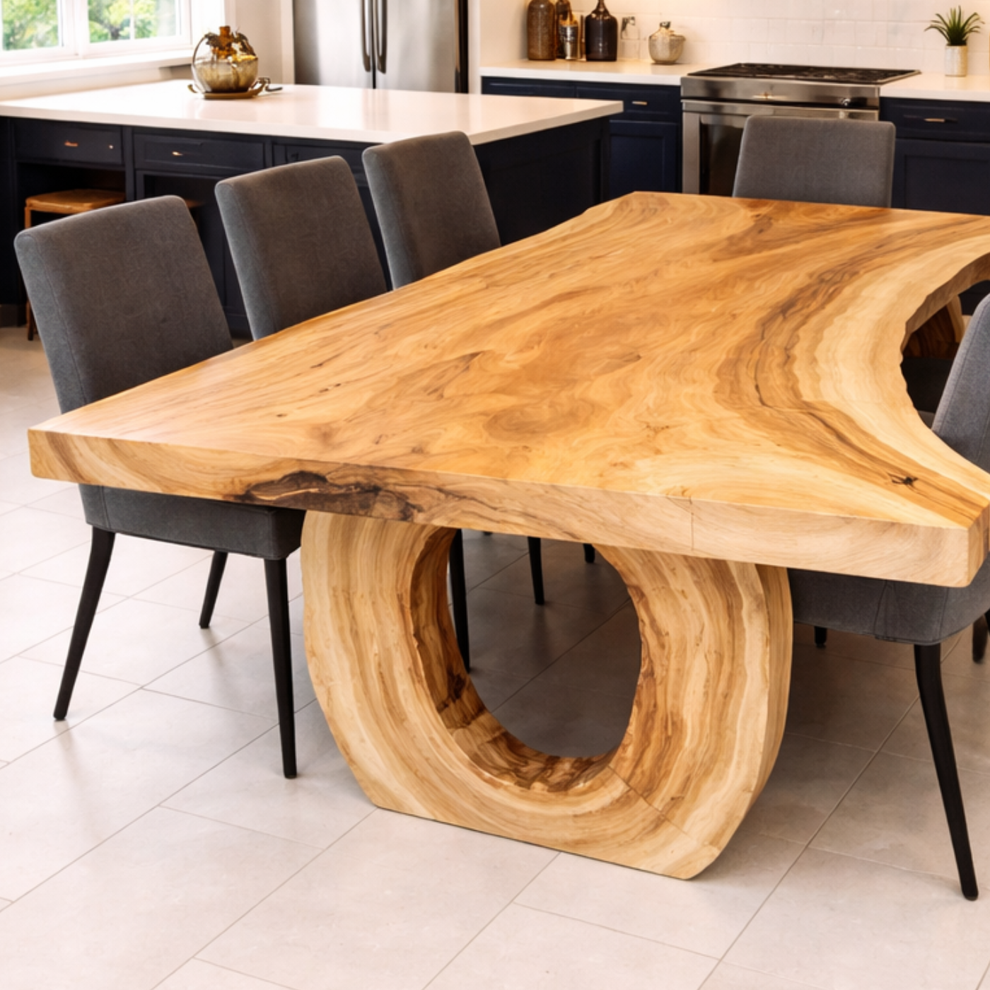 Handcrafted Solid Wood Dining Table with Live Edge Top and Sculptural Loop Base