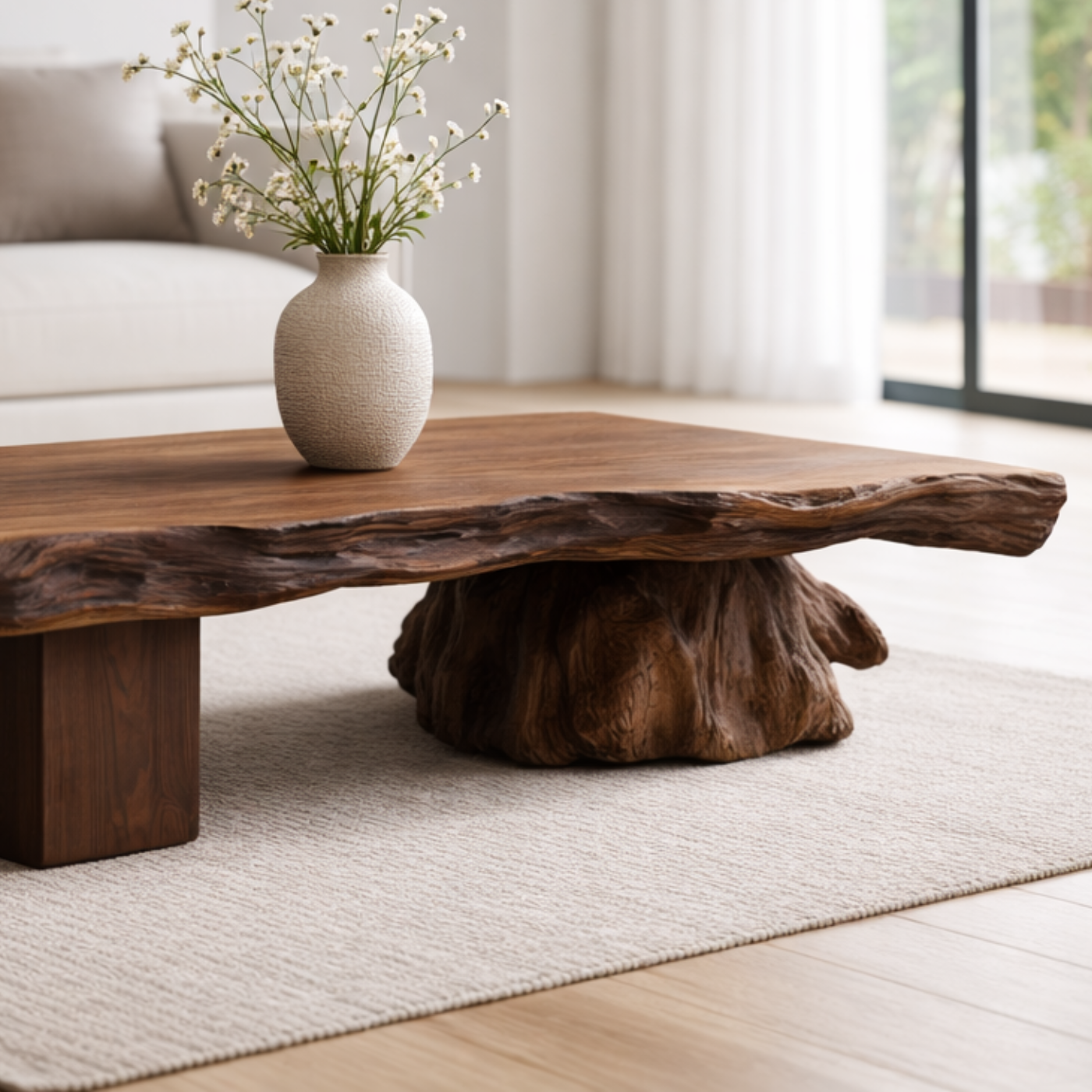 Live Edge Solid Wood Coffee Table with Sculptural Base – Handcrafted Rustic Modern Design
