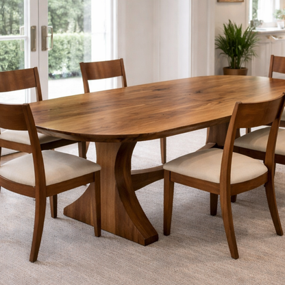 Solid Wood Oval Dining Table with Curved Pedestal Base – Elegant Modern Design
