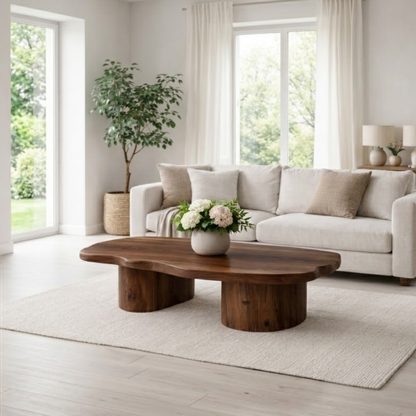 Solid Wood Coffee Table with Organic Shape & Dual Pedestal Base – Modern Rustic Design