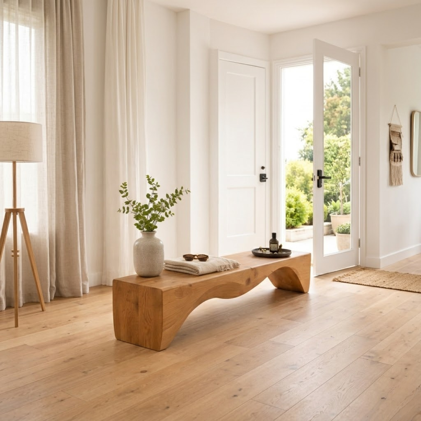 Solid Wood Entryway Bench with Curved Sculptural Base – Modern Minimalist Design