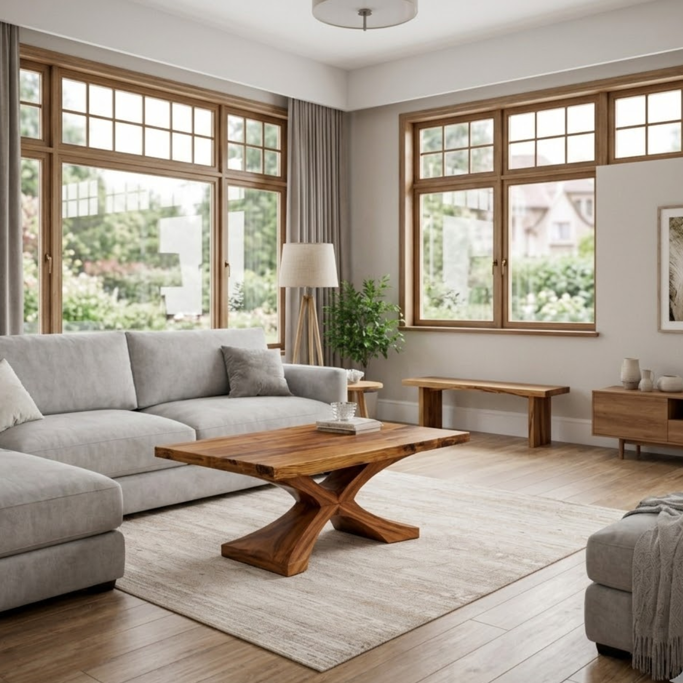 Solid Wood Coffee Table with Sculptural X Base – Modern Rustic Living Room Table