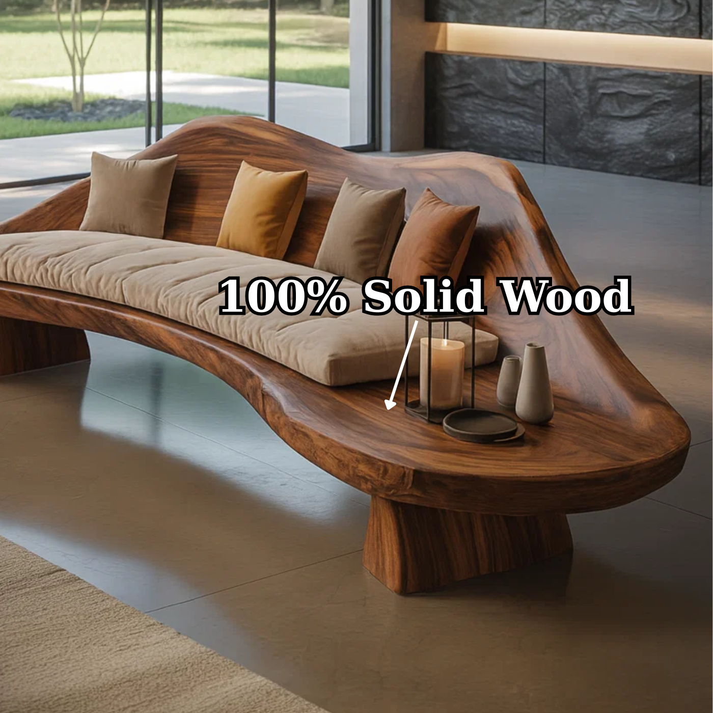 Handcrafted Solid Wood Sofa – Sculptural Wave-Form Wood Couch with Organic Curves and Cushion Seat Kitchnce
