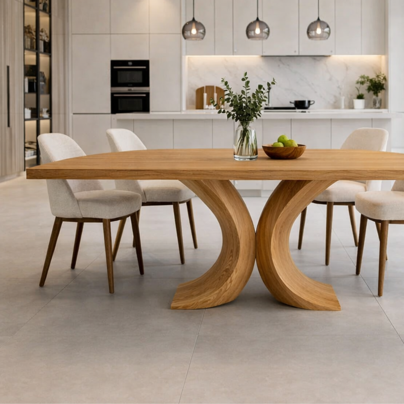 Solid Wood Dining Table with Curved Sculptural Base – Modern Minimalist Kitchen Table