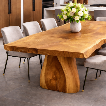Solid Wood Live Edge Dining Table with Sculptural Pedestal Base – Modern Kitchen Table