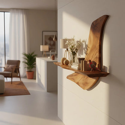Asymmetrical Wall-Mounted Shelf in Natural Wood with Sculptural Form